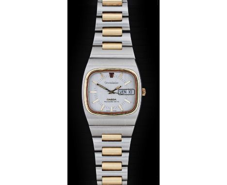 Omega: A Steel and Gold Electronic Mega Quartz Day/Date Centre Seconds Wristwatch, signed Omega, Mega Quartz 32 KHz, model: C