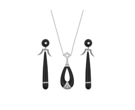 An Onyx and Diamond Necklace and A Pair of Onyx and Diamond Drop Earringsthe pear shaped onyx loop with round brilliant cut d