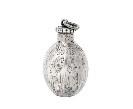 A Continental Silver Flask,  With Indistinct Marks, Probably 19th Century in the 17th century style, octagonal and with screw