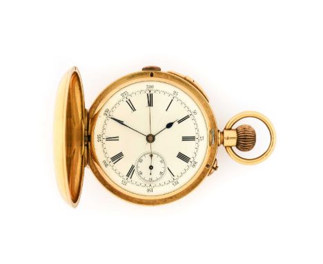 An 18 Carat Gold Full Hunter Keyless Minute Repeater Chronograph Pocket Watch, circa 1900, manual wound lever movement, colum