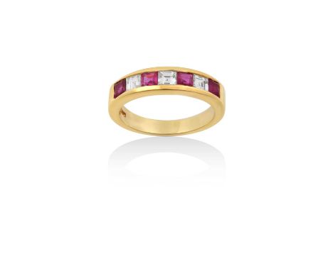 An 18 Carat Gold Ruby and Diamond Half Hoop Ringfour square cut rubies alternate with three square cut diamonds, in yellow ch
