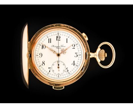 Audemars Freres: A 14 Carat Gold Full Hunter Keyless Chronograph Minute Repeater Pocket Watch, signed Audemars Freres, Geneve
