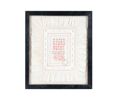 A late 19th century school sampler,  by Maud Fuller, Shelburn Villa, (16), Bath with two sets of alphabets and numbers embroi