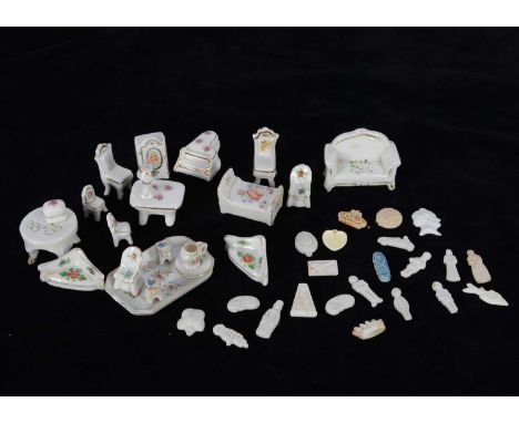 Post-war Japanese porcelain dolls’ house furniture,  mainly small scale including a bed —1 ¾in. (4.5cm.) long, two corner cha