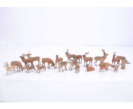 Late 19th century German composition field animals,  with lead horns and legs including deer, hare, foxes and hunting dog wit
