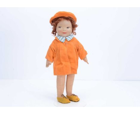 A Chad Valley Cheeky boy doll, late 1930s, with painted moulded cloth faces, reddish brown curly mohair wig, fixed neck, hing