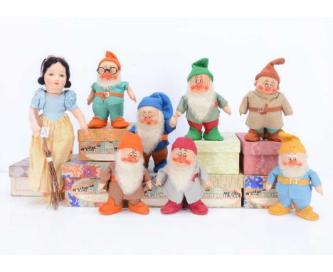 A fine set of Chad Valley Walt Disney’s Snow White and the Seven Dwarves, circa 1938, Snow White with pressed felt face, pain