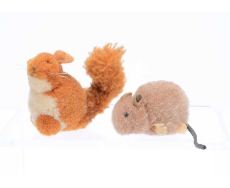 Two 1930s Steiff woollen pom pom woodland animals, a brown mouse with black pin glass eyes, felt ears and feet, swivel head, 