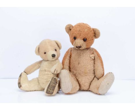Two Chad Valley Cubby bears,  one with brown and tan alpaca plush, orange and black glass eyes, black stitched nose mouth and
