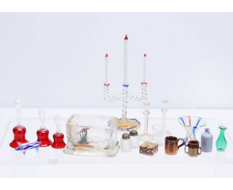 Dolls' house glass,  a rectangular fish tank with metal goldfish —2in. (5cm.) long, a graduated set of ruby red glass hand be