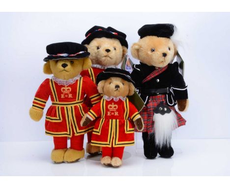 Three Merrythought teddy bears for Harrods,  two as yeomanry of the Guard, an other as a Highland dancer —19 ½in. (50cm.) hig