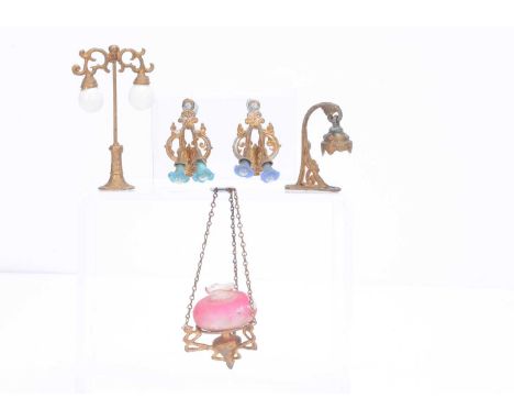 German gilt soft metal light fittings, a ceiling oil-lamp hanging on three chains with pink glass shade —4 ½in. (11.5cm.) dro