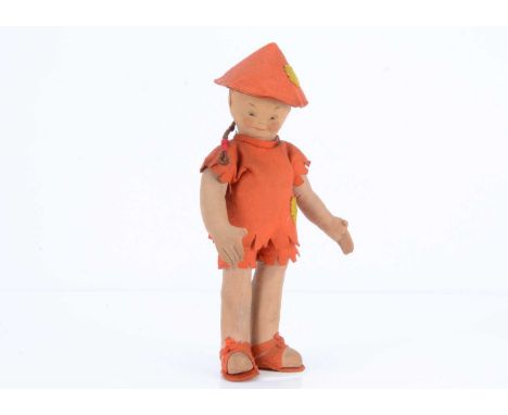 A rare Merrythought Cora Goffin as Aladdin pantomime cloth doll, circa 1934, with pressed velveteen face, painted brown eyes,