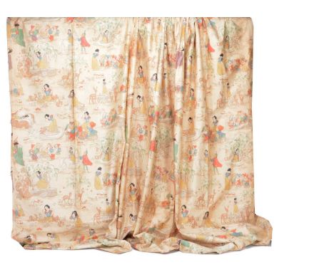 Two rare Walt Disney Snow White and the Seven Dwarves curtains, circa 1938, light beige printed with muted colour scenes from