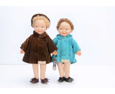 A Chad Valley Cheeky Girl and Boy, 1930s, both with pressed felt heads, painted smiling eyes and mouth with full cheeks, her 