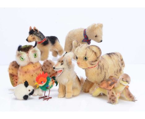 Eight post-war Steiff animals,  a 1954-58 Wittie owl with script button and yellow tag —5 ½in. (14cm.) high; a Slo turtle, wi