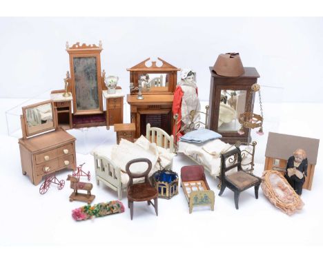 Dolls’ house furniture and chattels,  an 19th century balloon back chair with velvet seat —4in. (10cm.) high, a German soft m