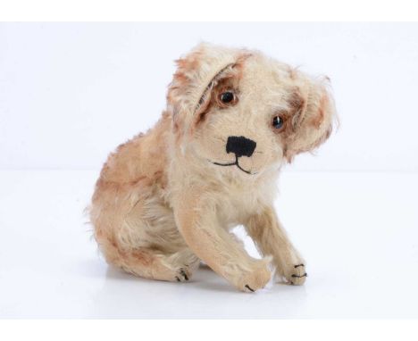 A Steiff seated Molly dog, probably pre-war, with white and  brown tipped mohair, large pale brown and black glass eyes, blac