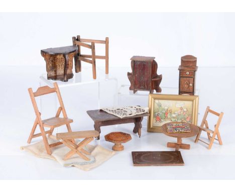 Dolls’ house furniture,  a framed Louis Wain print of cats having a pillow fight —4 ½in. (11.5cm.) wide, a Waltershausen styl