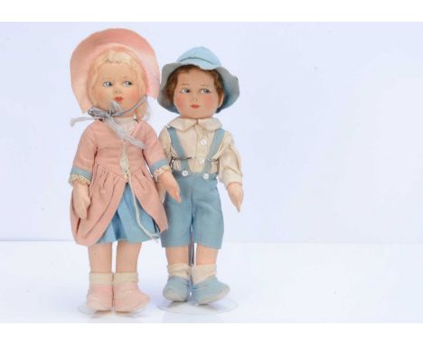 A pair of Chad Valley dolls Little Bo Peep and Little Boy Blue, 1930s, with brushed cotton heads, blue painted side glancing 