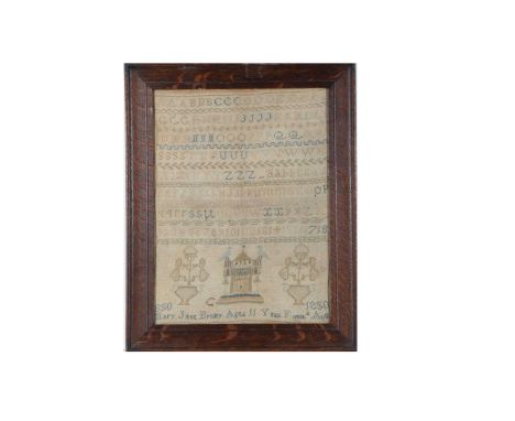 Two 19th century samplers,   a wool sampler on coarse woven back by Mary Jane Brisley, aged 11, 1850 featuring temple with do