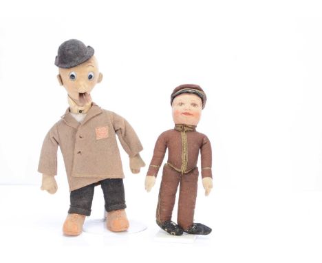 Two Chad Valley male dolls, 1930s, a Trocadero bellhop doll in brown felt uniform with hatband ‘Trocadero’ and red and white 