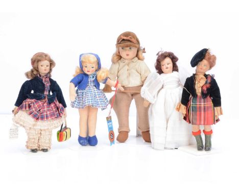 Five small Chad Valley dolls,  a pony rider with painted features, blonde mohair wig, original riding outfit and label in bac