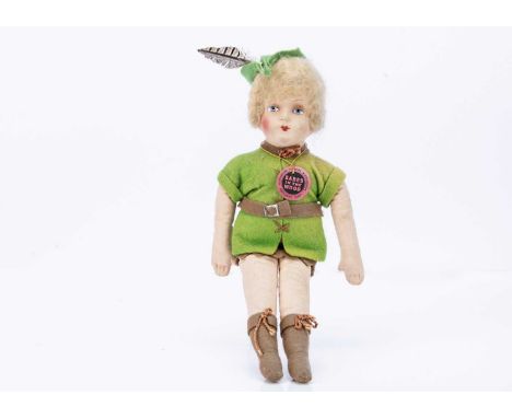 A rare Chad Valley Robin Hood from Babes in the Wood pantomime cloth doll, 1933/34, with painted cardboard head, blonde mohai