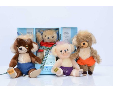 Four  Merrythought teddy bears,  an Ancestor of Cheeky, 800 of 1000, with card tag, a dark brown mohair Punkin Head, 415 of 1