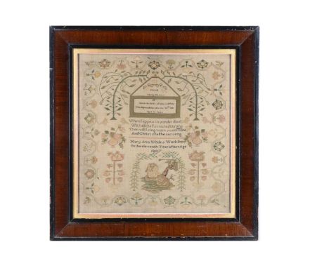 A 1847 sampler by Mary Anne Whiles,  embroidered on linen with recumbent lion, ‘When I appear in yonder cloud, With all the f