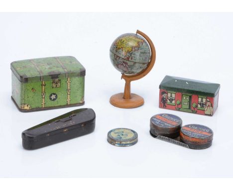 Miniature tins, a Sharp’s  Home-made Super-Kreem Toffee house tin —2 ½in. (6cm.) long; a Rowntree’s violin case; a Penny Toy 