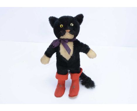 A rare 1930s Alpha Farnell Puss in Boots,  with black mohair, white chin, chest and hand paws, clear and black glass cats eye