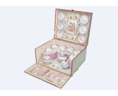 A French toy Service Thé, circa 1900,  the lid marked F.D.?, Modelles Riches, floral painted porcelain tea set for six, teasp