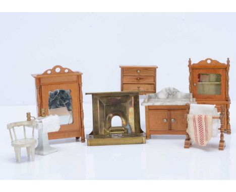 Schneegass dolls’ house furniture,  a washstand with marble top —4 ¼in. (11cm.) wide; a glass fronted bureau book case (glass