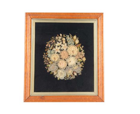 Two wool samplers and a silk muslin floral picture, gathered silk muslin and embroidered flower picture on black ground, in o