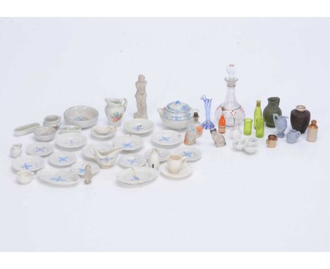 Dolls’ house porcelain and glass,  five pieces of fine plain white porcelain; a part set of Onion pattern dinner service, a g