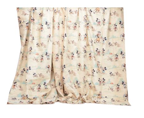 A rare pair of early Walt Disney printed curtains,  cream backgrounds with muted colour characters comprising Mickey Mouse, M