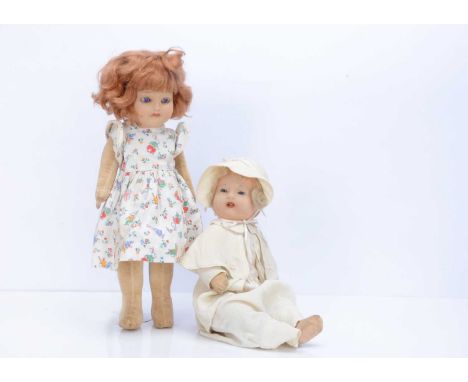 Two 1930s Chad Valley dolls, an unusual baby doll with pressed felt face, inset blue glass eyes, open mouth with teeth, blond