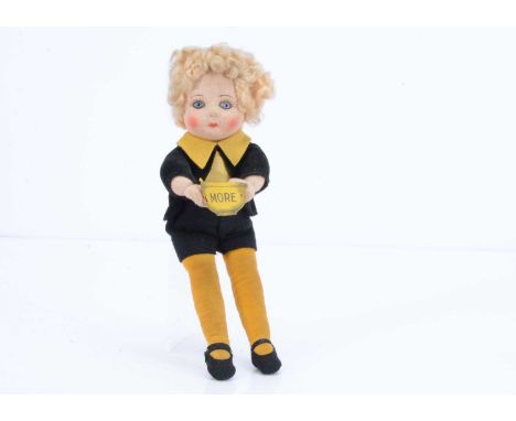 A rare Chad Valley Dicken’s Oliver theatre doll, 1920s,  with stockinette head and arms, blue, white and black elliptical eye