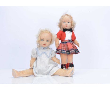 Two Alpha Farnell girl dolls,  both with felt heads, painted eyes, blonde mohair wig, swivel head, jointed velvet bodies, one