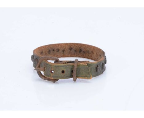 A Steiff leather collar with fourteen buttons,  circa 1910, dark blue leather with small Steiff F underscore buttons —5in. (1