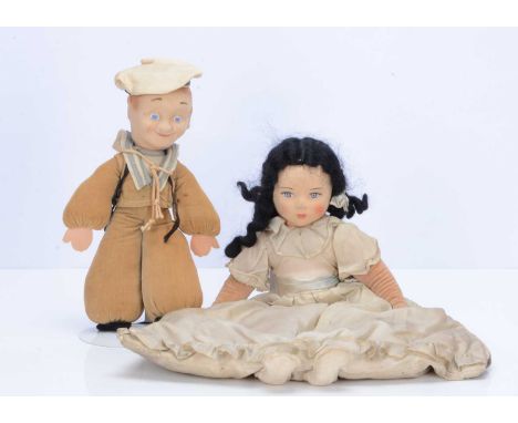 A Merrythought Snow White nightdress case, 1930s,  with brushed cotton face, blue painted eyes, black mohair wig, swivel head