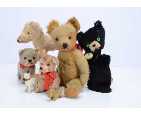 Various soft toy animals,  including a Chad Valley white cotton plush dog with clear and black glass eyes, black stitched nos