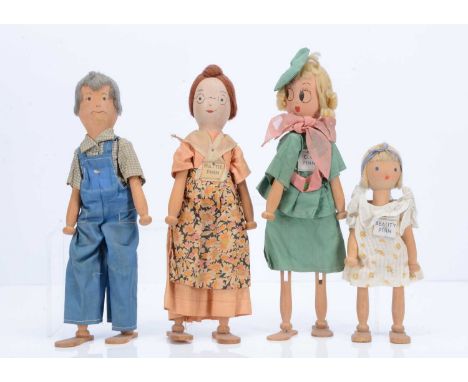 Four Schoenhut Pinn family wooden dolls,  Clo Pinn, Hattie Pinn and Beauty Pinn, all with original card tags and Ty Pinn, all