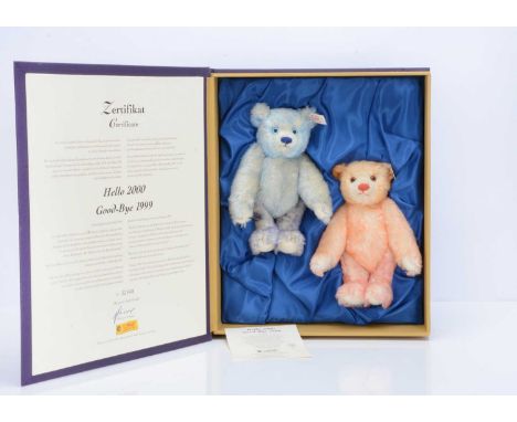 Steiff limited edition Hello 2000 Goodbye 1999 teddy bear set, 2848 of for the year, with apricot and blue mohair teddy bears