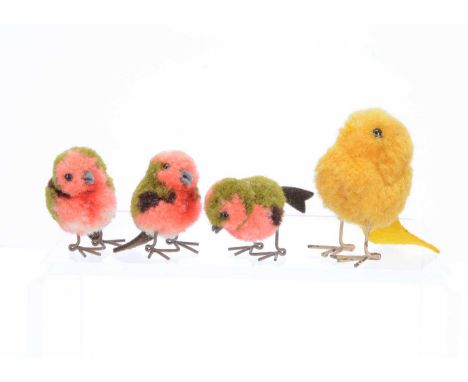 Three 1930s Steiff  woollen pom pom robins,  with red and green wool, black pin eyes, felt beak and tail, swivel head and met