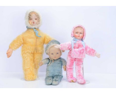 Three British baby bunting cloth dolls, a Norah Wellings Jolly Toddler with brushed cotton head, inset glass eyes and blue mo