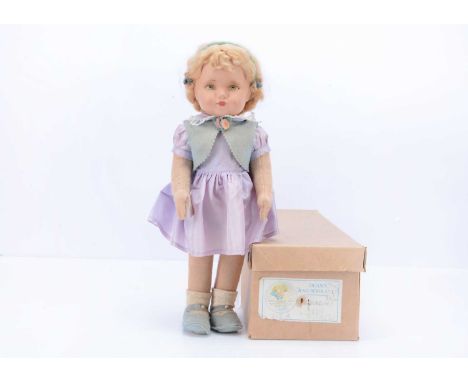 A post-war Dean’s Rag Book Co Doreen doll, in original box, 1950-51,  with painted composition head, impressed G, DRB Co. Ltd