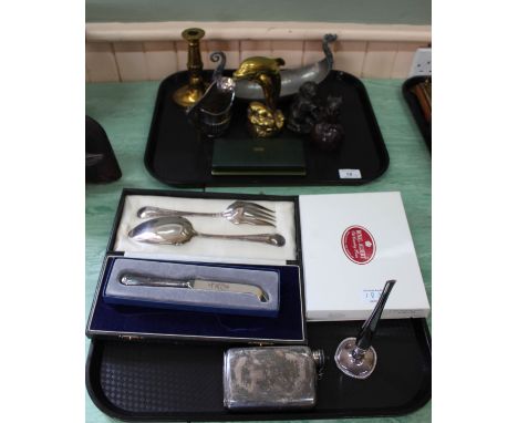 A silver plated hip flask, Royal Albert Old Country Roses spoons, Cross pencil set etc (two trays)