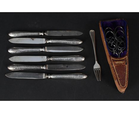 A cased set of four Walker &amp; Hall cut steel graduated scissors, six silver handled tea knives plus a fork